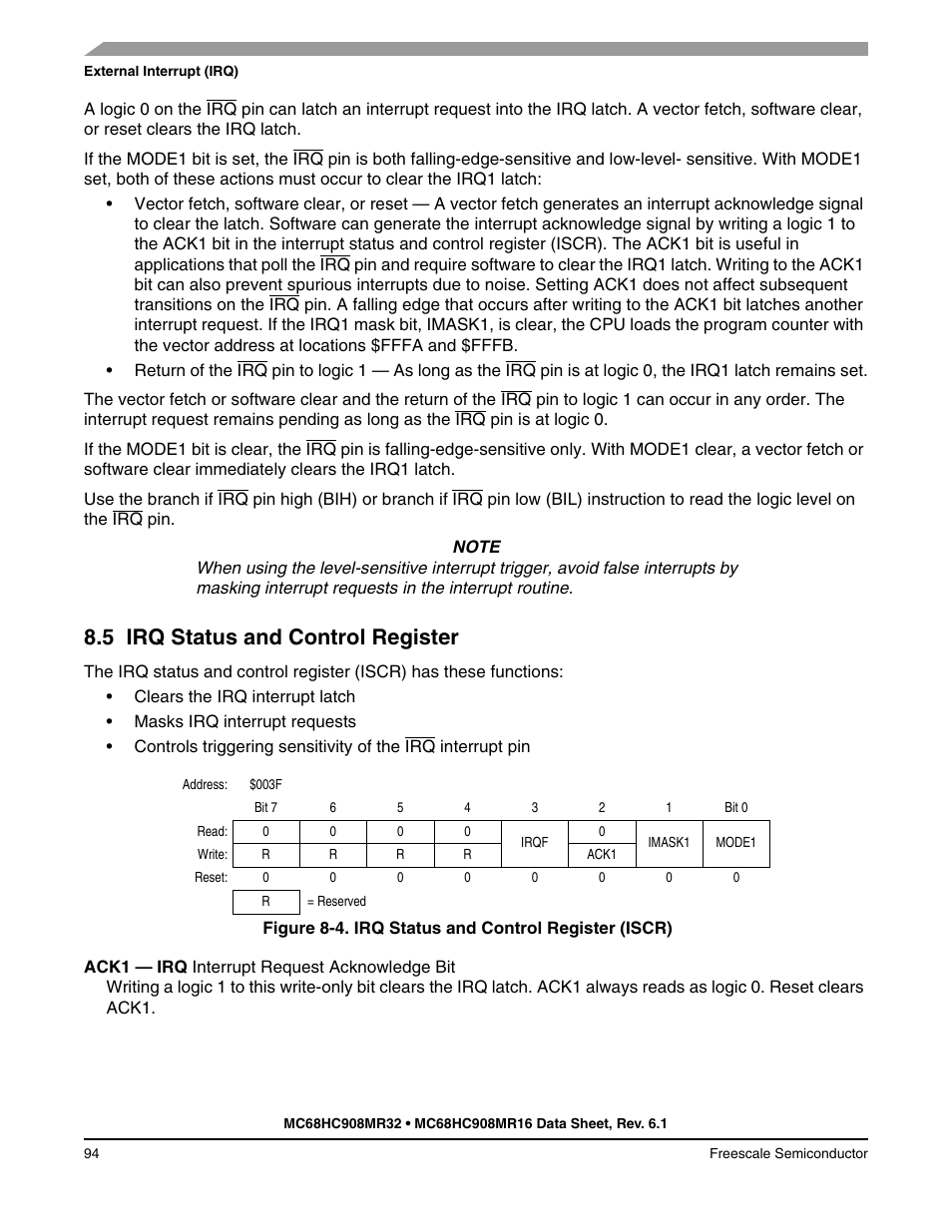 5 irq status and control register, Irq status and control register | Freescale Semiconductor MC68HC908MR32 User Manual | Page 94 / 282