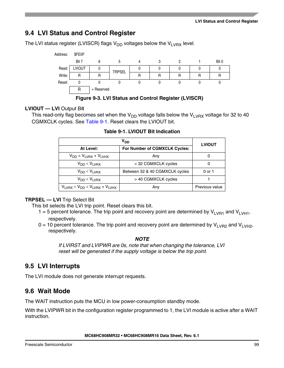 4 lvi status and control register, 5 lvi interrupts, 6 wait mode | Lvi status and control register, Lvi interrupts, Wait mode | Freescale Semiconductor MC68HC908MR32 User Manual | Page 99 / 282