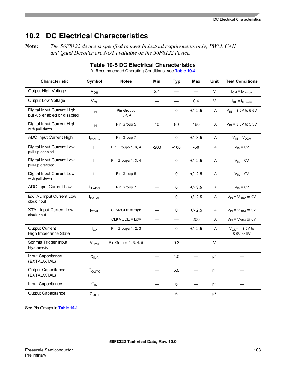 2 dc electrical characteristics, Table 10-5, Table 10-5 dc electrical characteristics | Freescale Semiconductor 56F8122 User Manual | Page 103 / 137