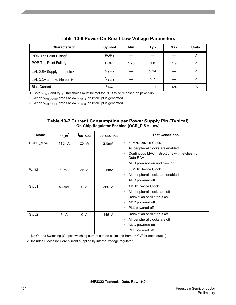 Table 10-6, Table 10-7, Table 10-6 power-on reset low voltage parameters | Freescale Semiconductor 56F8122 User Manual | Page 104 / 137