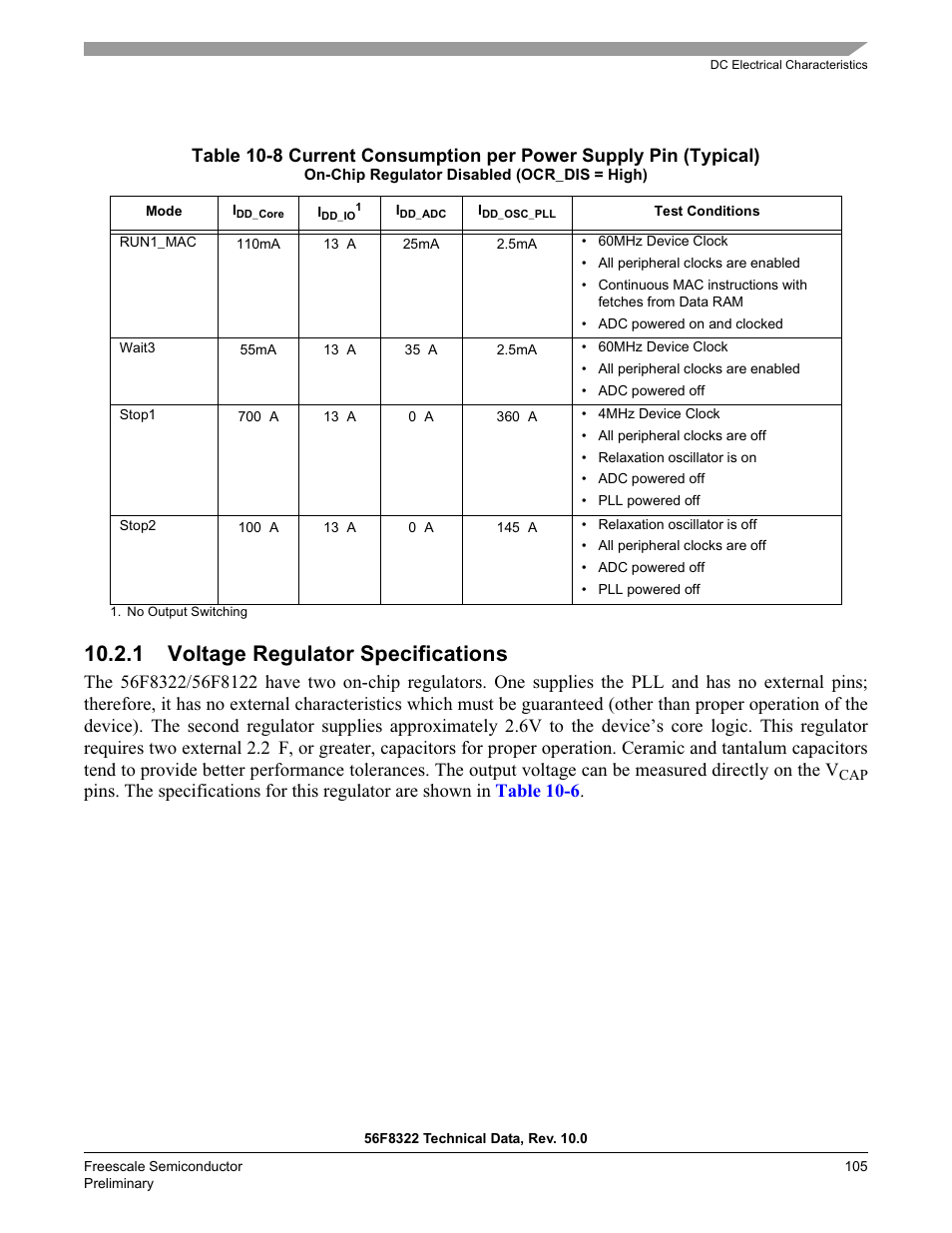1 voltage regulator specifications, Table 10-8 | Freescale Semiconductor 56F8122 User Manual | Page 105 / 137
