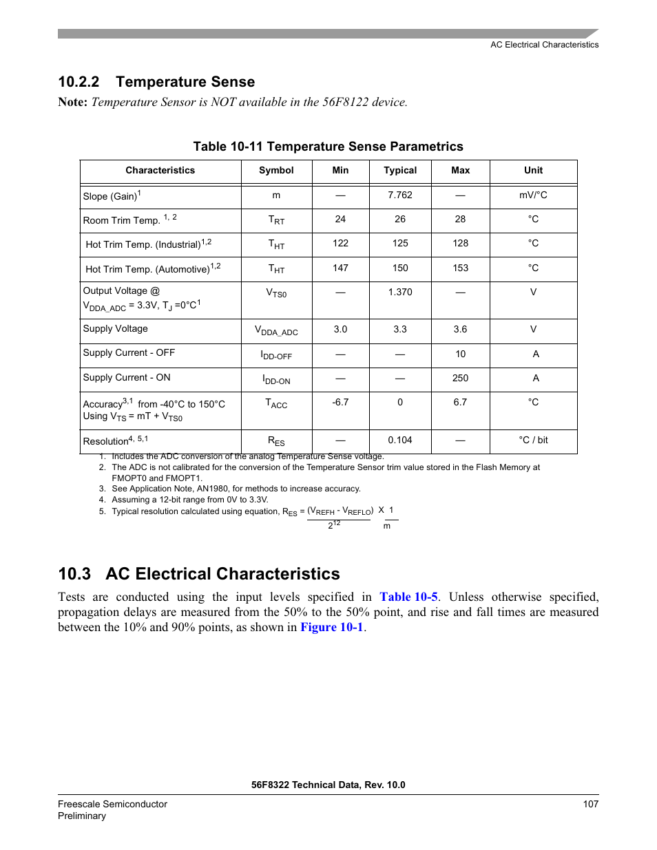 2 temperature sense, 3 ac electrical characteristics | Freescale Semiconductor 56F8122 User Manual | Page 107 / 137