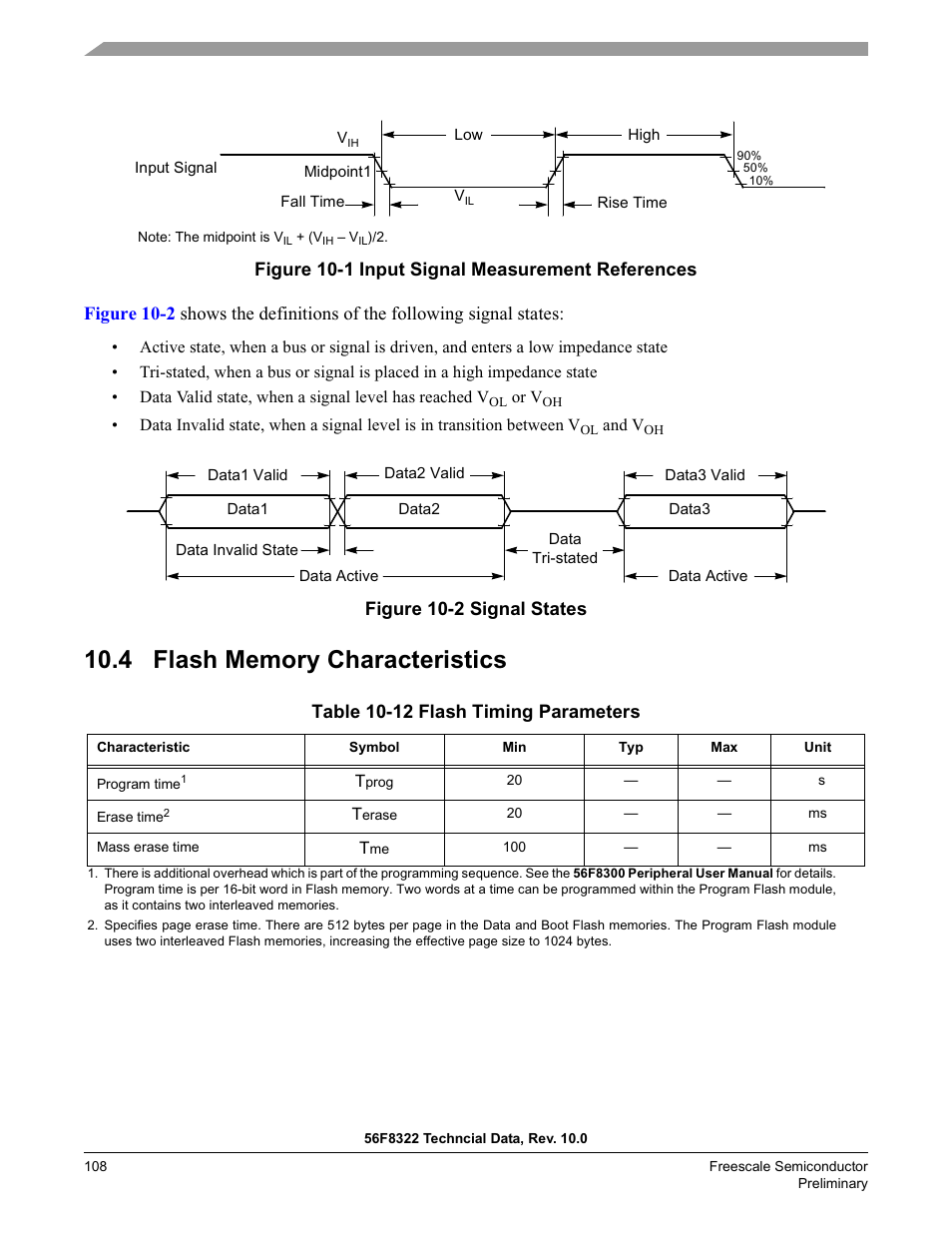 4 flash memory characteristics, Table 10-12, Nts, as shown in | Figure 10-1 | Freescale Semiconductor 56F8122 User Manual | Page 108 / 137