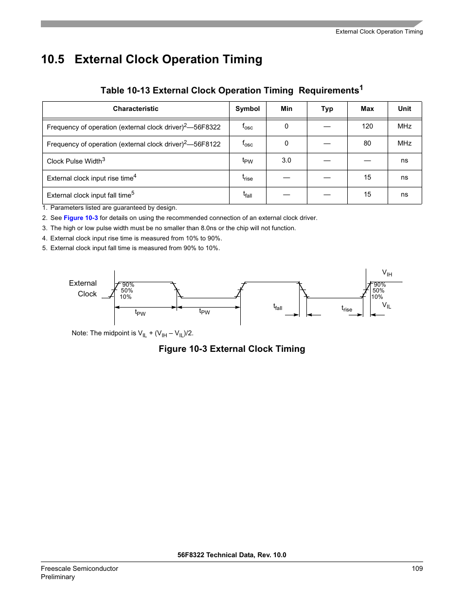 5 external clock operation timing, Table 10-13, Spi t | Freescale Semiconductor 56F8122 User Manual | Page 109 / 137