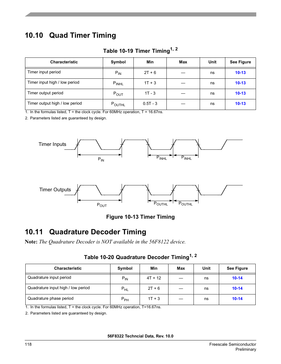 10 quad timer timing, 11 quadrature decoder timing, Figure 10-13 timer timing | Table 10-20 quadrature decoder timing | Freescale Semiconductor 56F8122 User Manual | Page 118 / 137