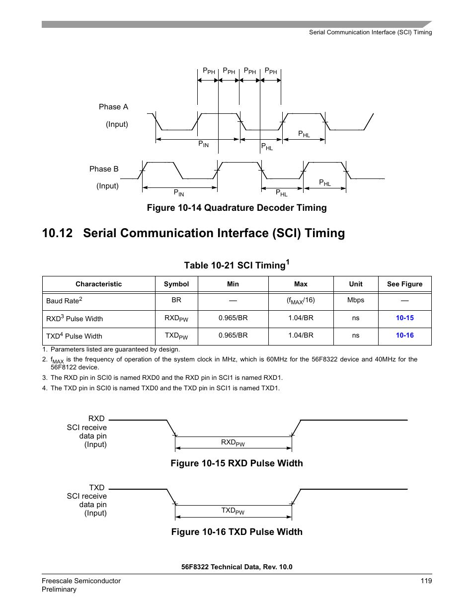 12 serial communication interface (sci) timing, Figure 10-14 quadrature decoder timing | Freescale Semiconductor 56F8122 User Manual | Page 119 / 137