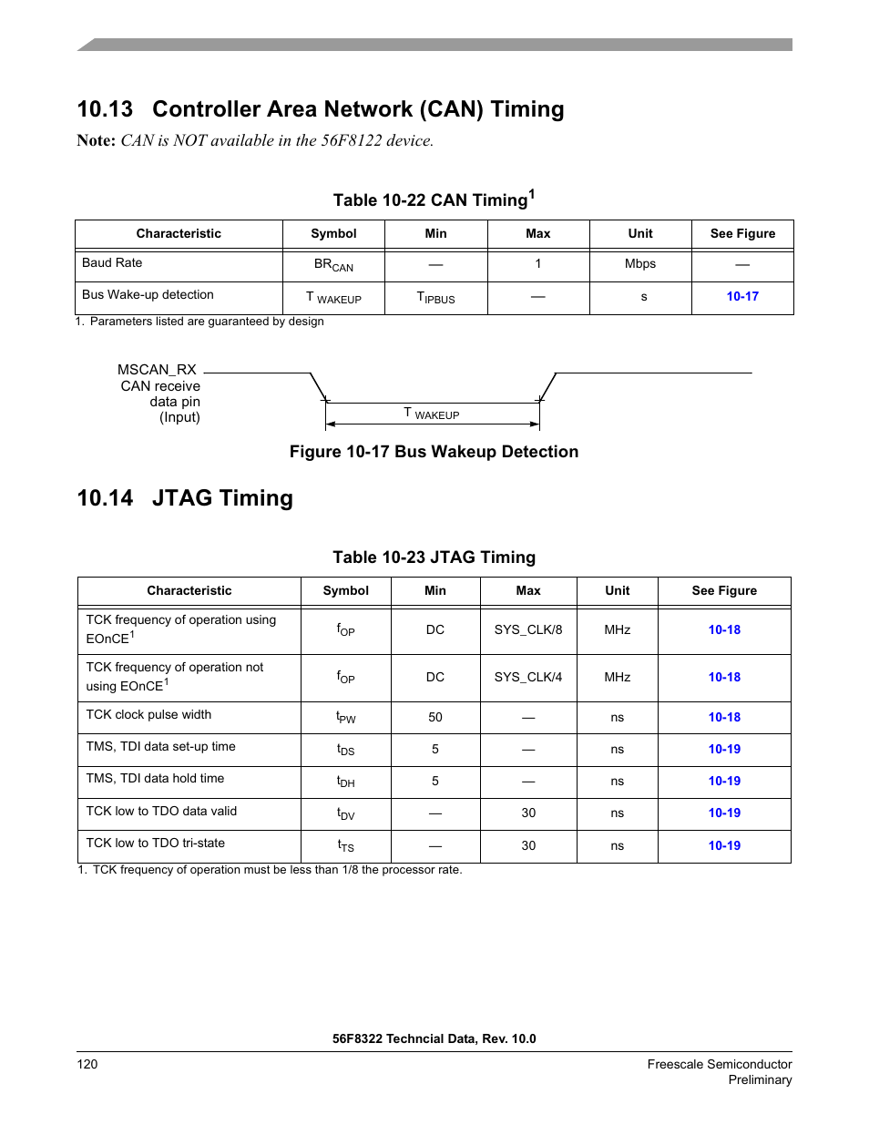 13 controller area network (can) timing, 14 jtag timing, Table 10-23 | Table 10-22 can timing, Table 10-23 jtag timing | Freescale Semiconductor 56F8122 User Manual | Page 120 / 137
