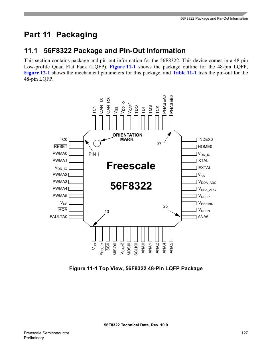 Part 11 packaging, 1 56f8322 package and pin-out information | Freescale Semiconductor 56F8122 User Manual | Page 127 / 137
