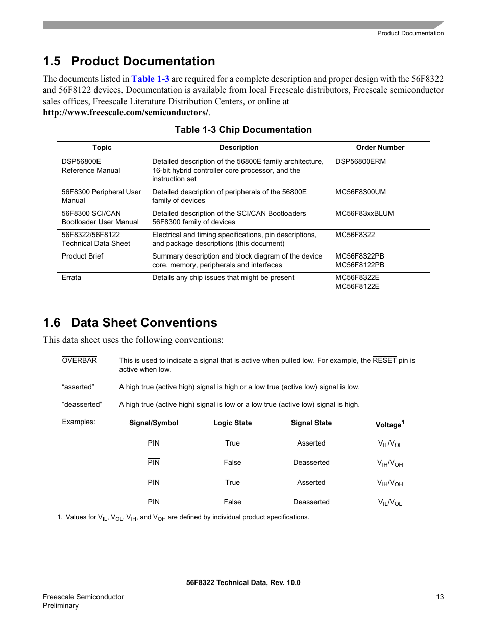 5 product documentation, 6 data sheet conventions, This data sheet uses the following conventions | Freescale Semiconductor 56F8122 User Manual | Page 13 / 137