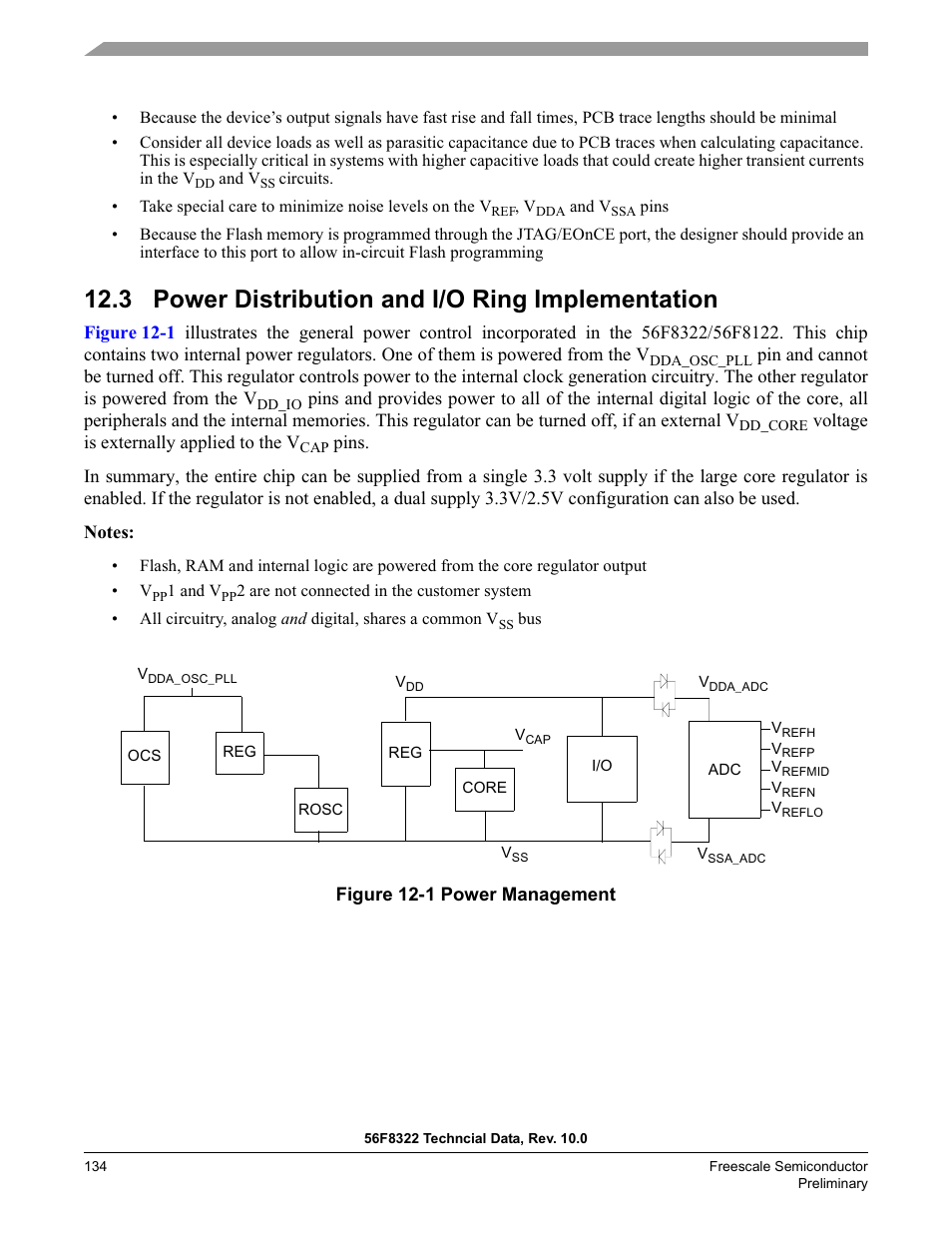 3 power distribution and i/o ring implementation, Section 12.3, Figure 12-1 | Freescale Semiconductor 56F8122 User Manual | Page 134 / 137