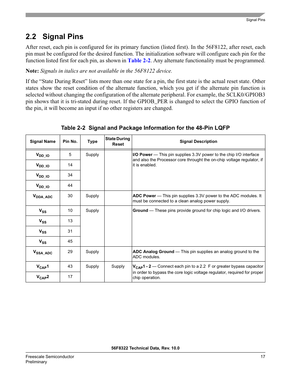 2 signal pins, Section 2.2, Table 2-2 | Freescale Semiconductor 56F8122 User Manual | Page 17 / 137