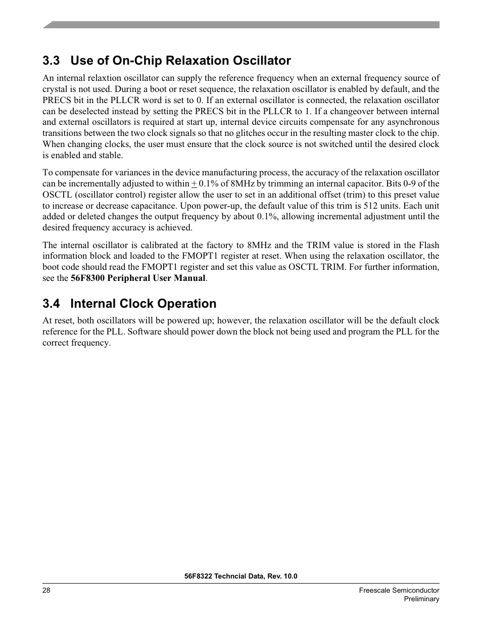3 use of on-chip relaxation oscillator, 4 internal clock operation | Freescale Semiconductor 56F8122 User Manual | Page 28 / 137