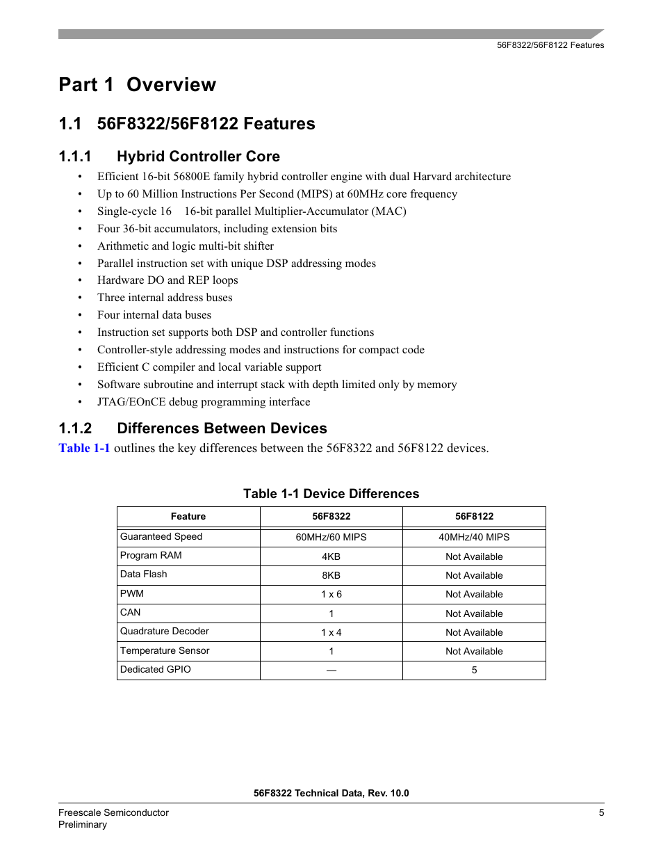 Part 1 overview, 1 56f8322/56f8122 features, 1 hybrid controller core | 2 differences between devices | Freescale Semiconductor 56F8122 User Manual | Page 5 / 137