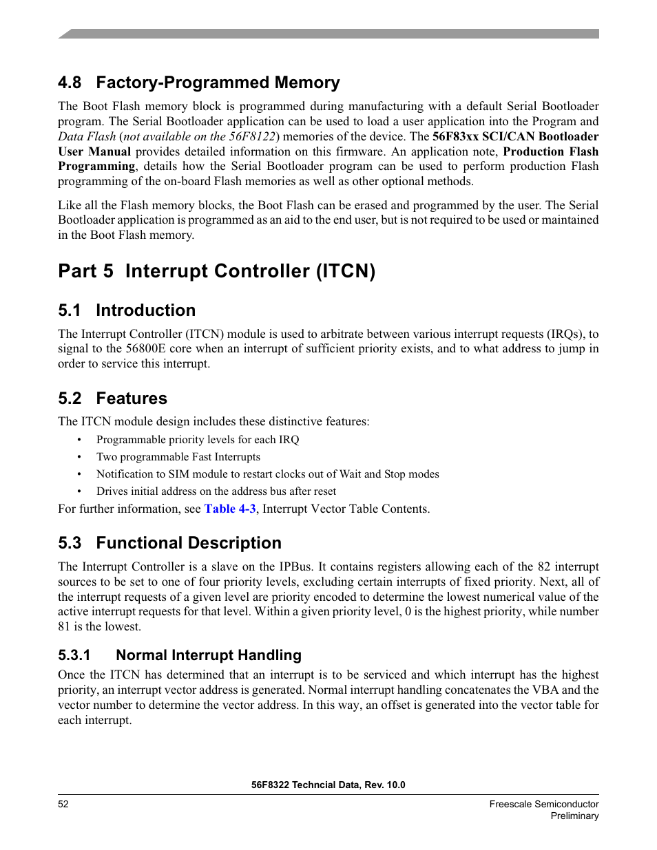 8 factory-programmed memory, Part 5 interrupt controller (itcn), 1 introduction | 2 features, 3 functional description, 1 normal interrupt handling, Section 4.8 | Freescale Semiconductor 56F8122 User Manual | Page 52 / 137