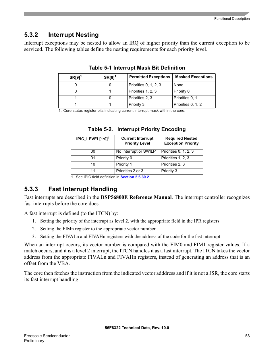 2 interrupt nesting, 3 fast interrupt handling | Freescale Semiconductor 56F8122 User Manual | Page 53 / 137