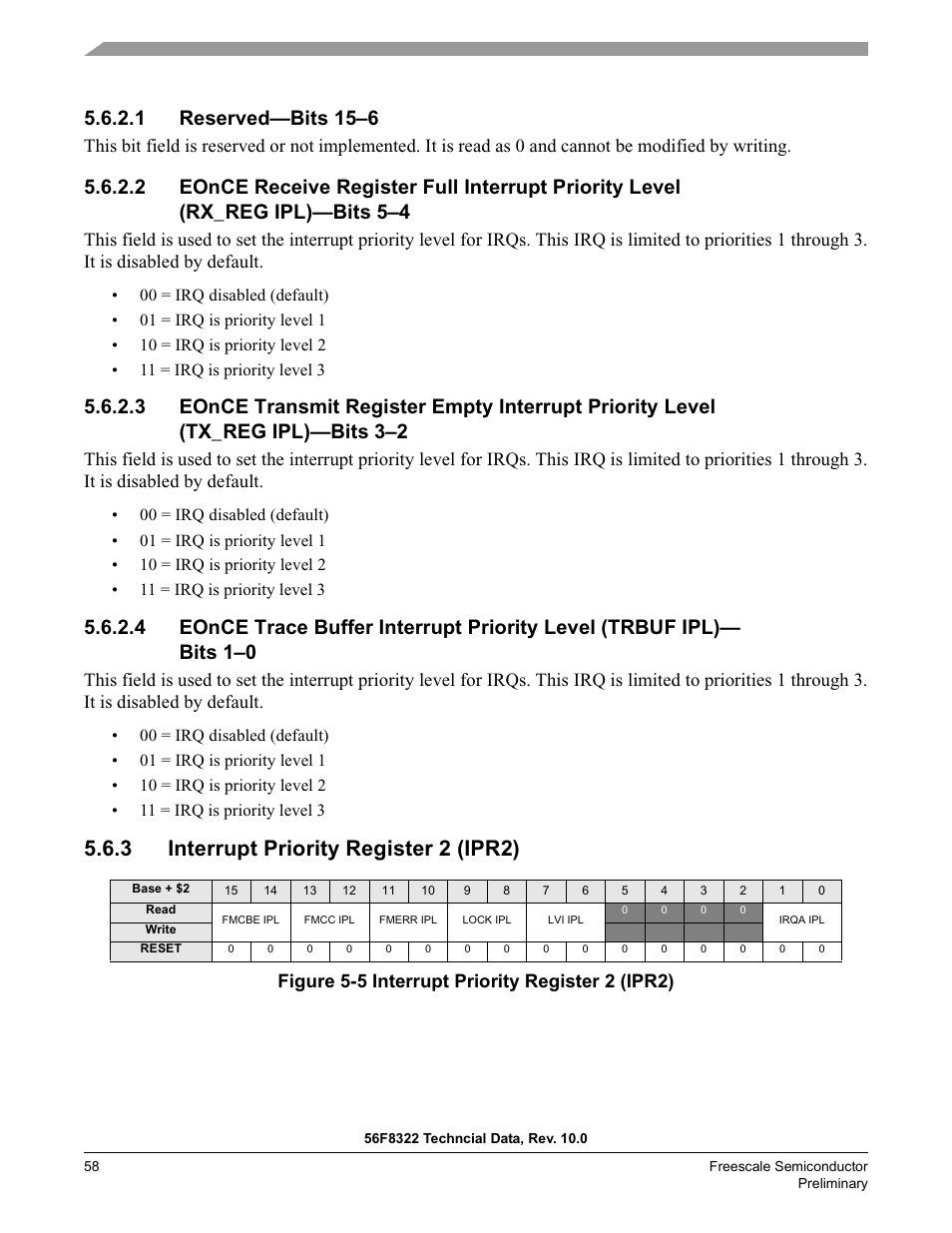 1 reserved—bits 15–6, 3 interrupt priority register 2 (ipr2), Figure 5-5 interrupt priority register 2 (ipr2) | Freescale Semiconductor 56F8122 User Manual | Page 58 / 137