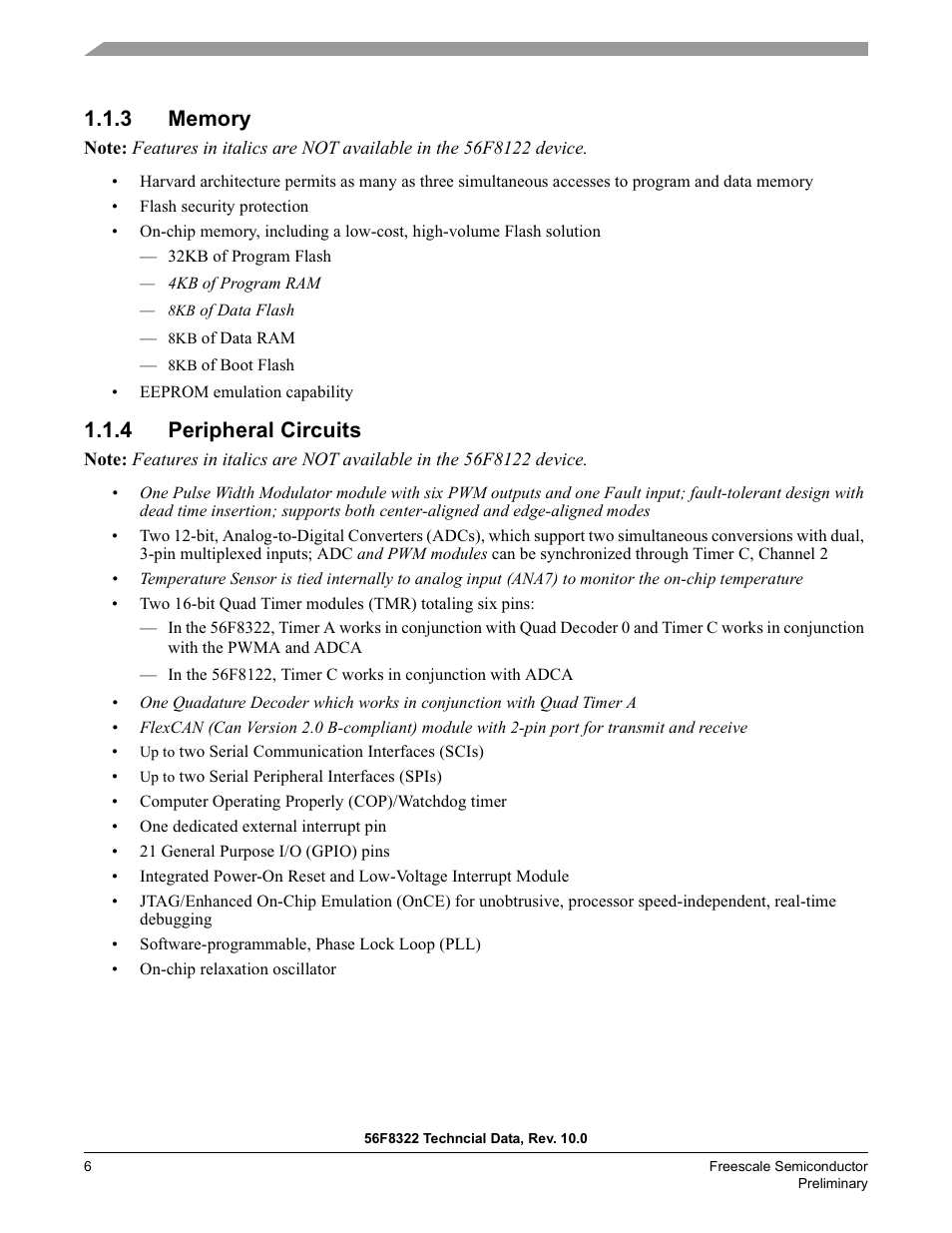 3 memory, 4 peripheral circuits | Freescale Semiconductor 56F8122 User Manual | Page 6 / 137