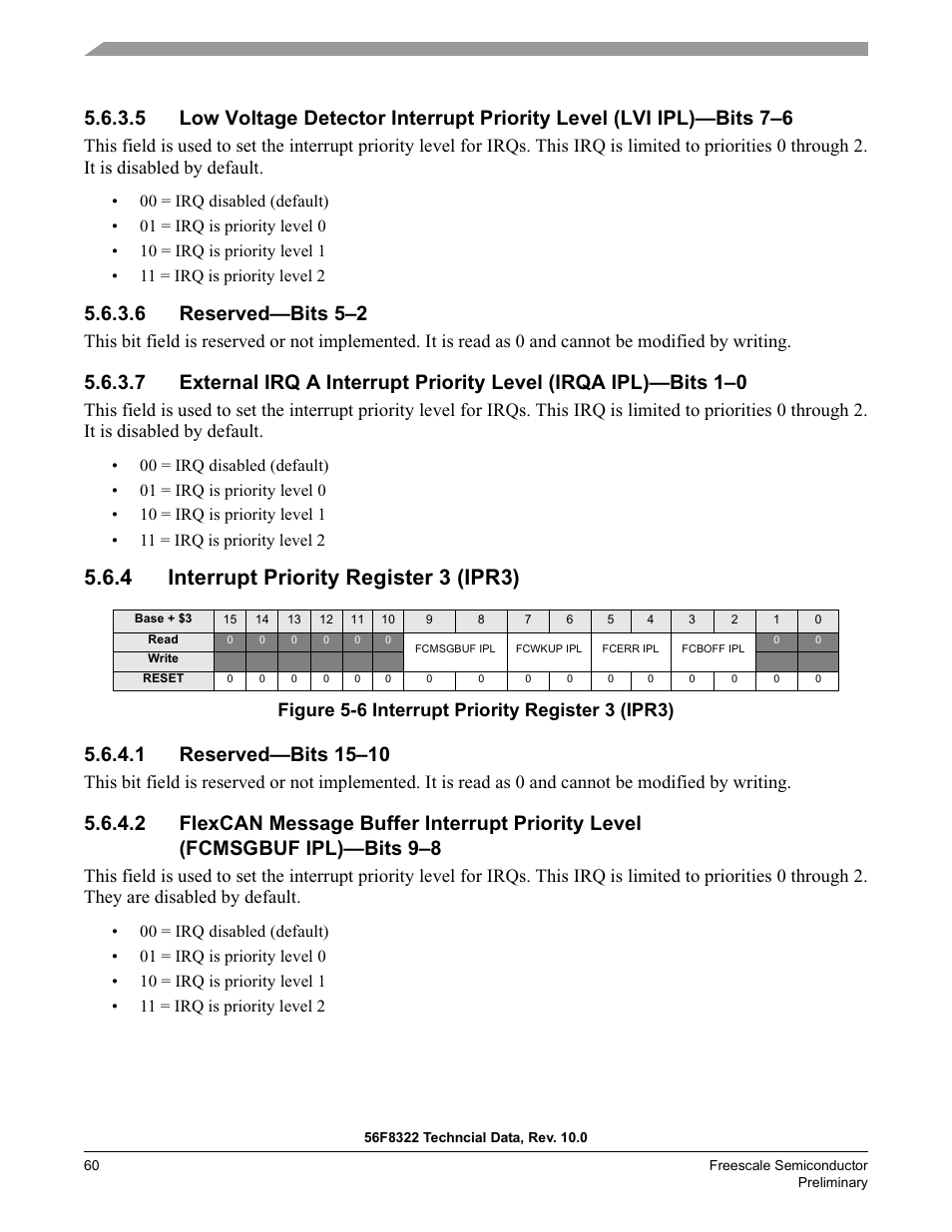 6 reserved—bits 5–2, 4 interrupt priority register 3 (ipr3), 1 reserved—bits 15–10 | Figure 5-6 interrupt priority register 3 (ipr3) | Freescale Semiconductor 56F8122 User Manual | Page 60 / 137