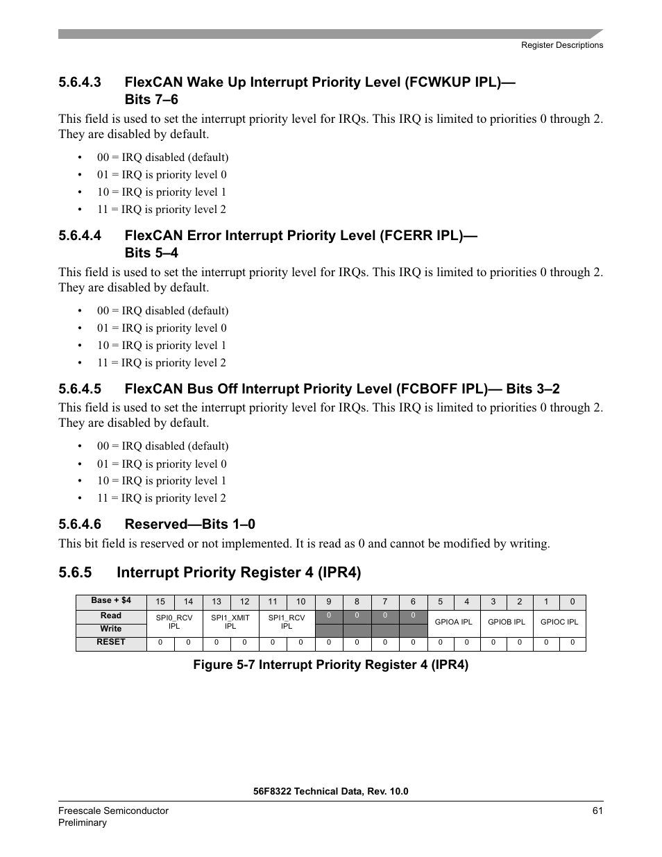 6 reserved—bits 1–0, 5 interrupt priority register 4 (ipr4), Figure 5-7 interrupt priority register 4 (ipr4) | Freescale Semiconductor 56F8122 User Manual | Page 61 / 137