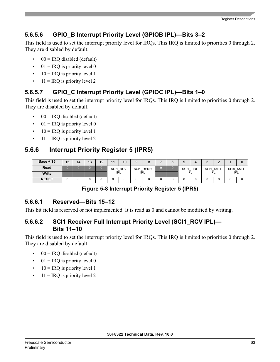 6 interrupt priority register 5 (ipr5), 1 reserved—bits 15–12, Figure 5-8 interrupt priority register 5 (ipr5) | Freescale Semiconductor 56F8122 User Manual | Page 63 / 137