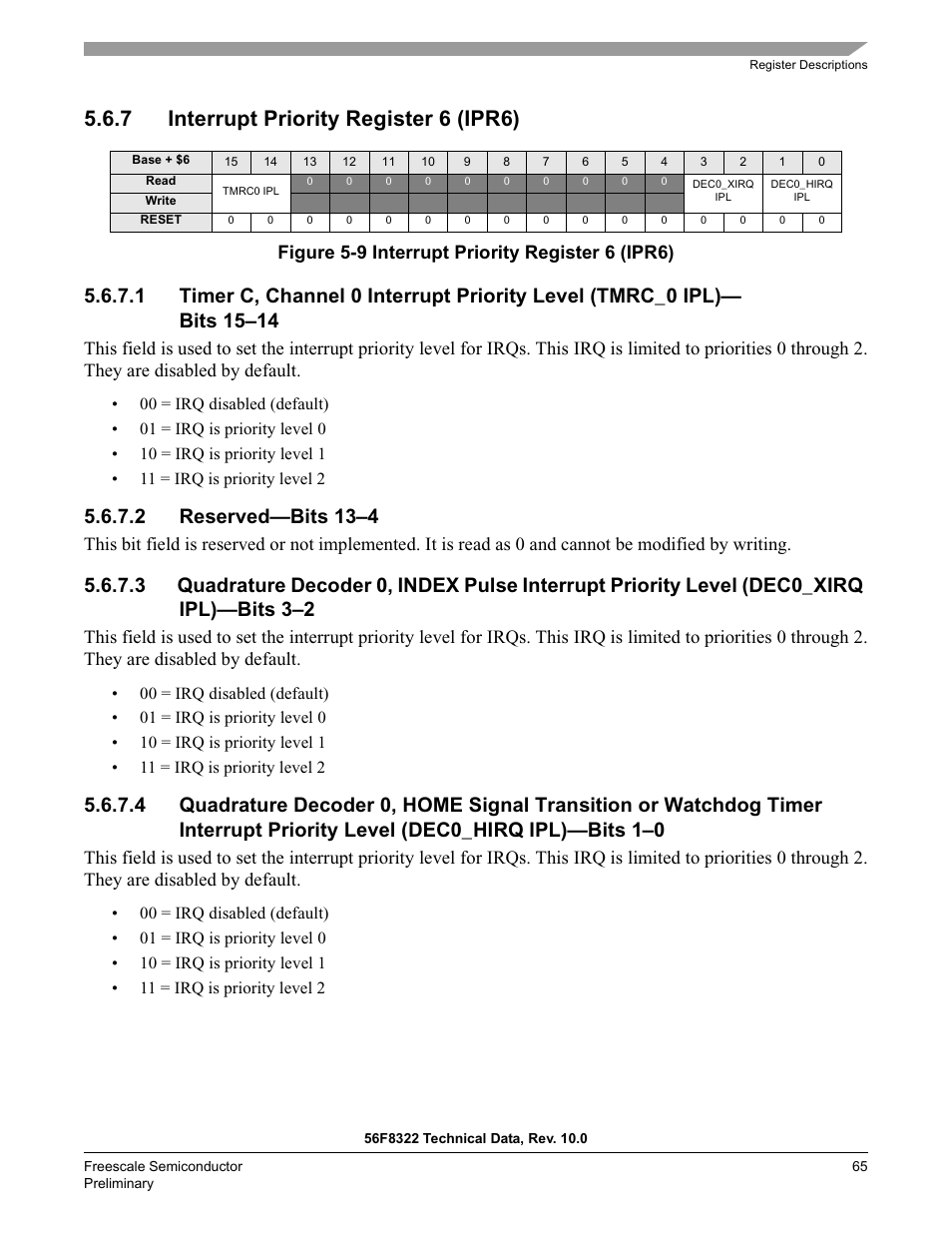 7 interrupt priority register 6 (ipr6), 2 reserved—bits 13–4, Figure 5-9 interrupt priority register 6 (ipr6) | Freescale Semiconductor 56F8122 User Manual | Page 65 / 137