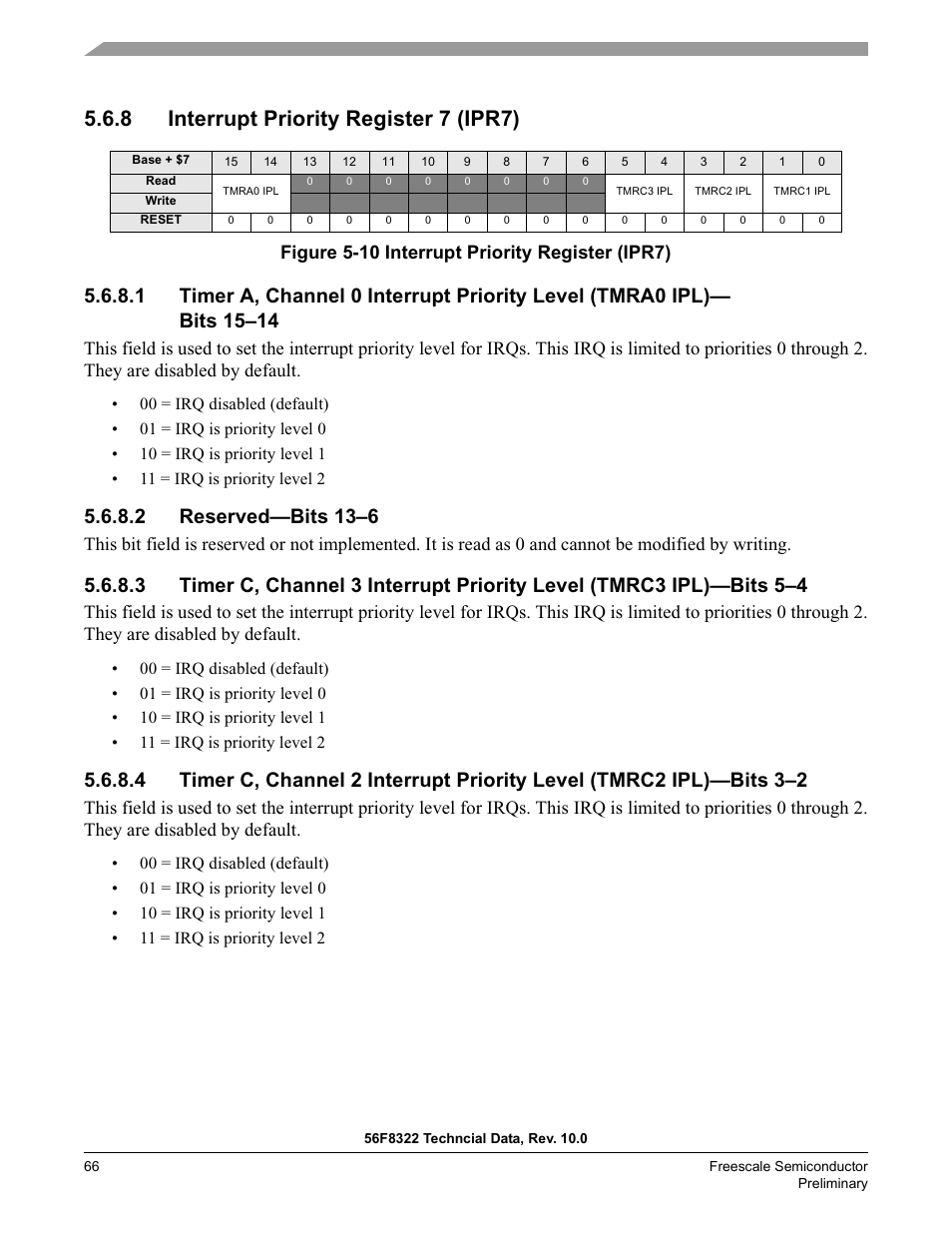 8 interrupt priority register 7 (ipr7), 2 reserved—bits 13–6, Figure 5-10 interrupt priority register (ipr7) | Freescale Semiconductor 56F8122 User Manual | Page 66 / 137
