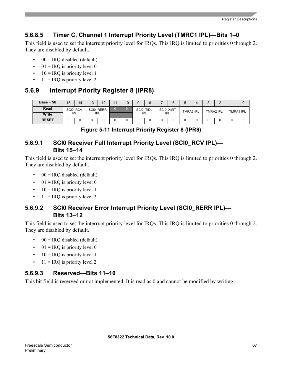 9 interrupt priority register 8 (ipr8), 3 reserved—bits 11–10 | Freescale Semiconductor 56F8122 User Manual | Page 67 / 137