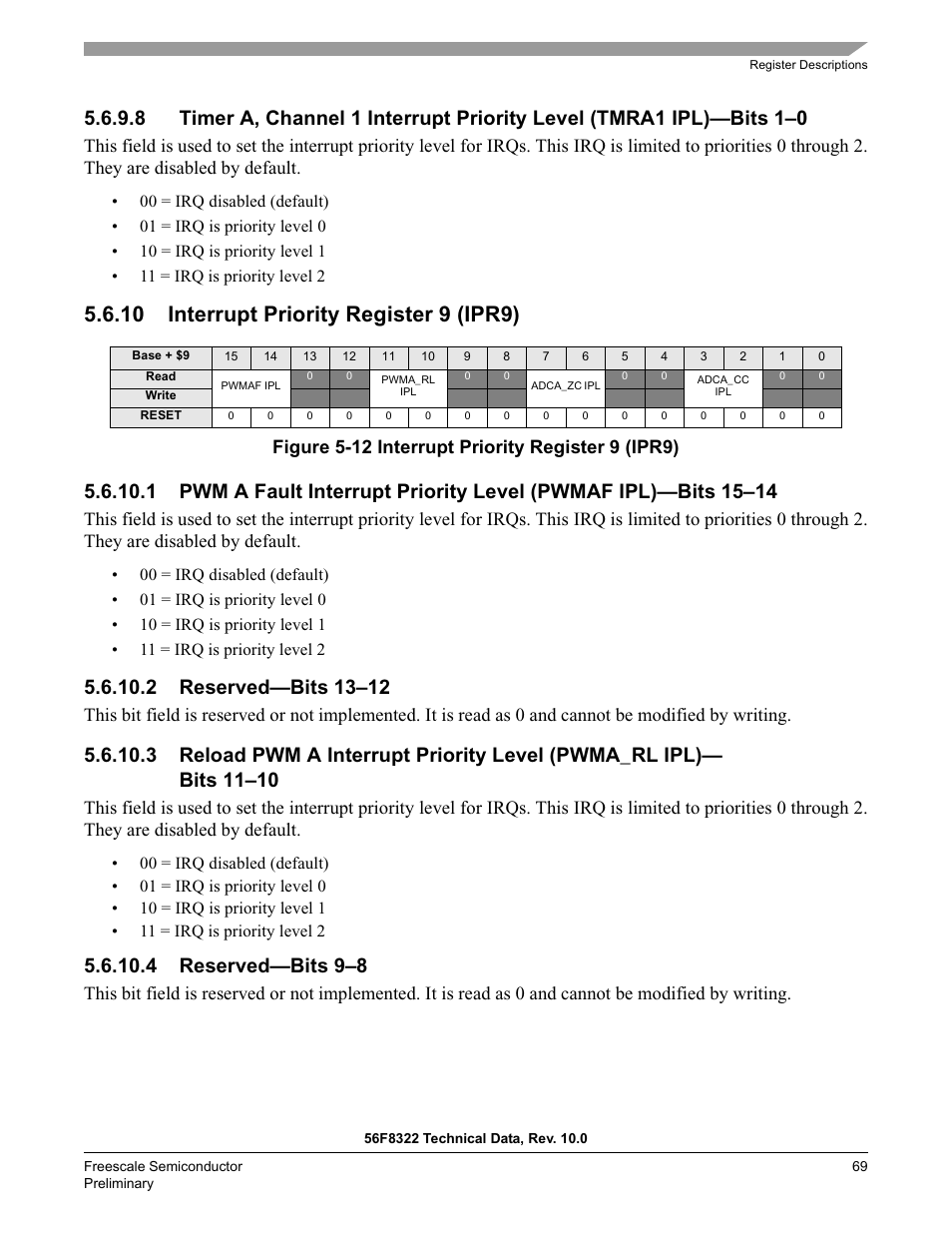 10 interrupt priority register 9 (ipr9), 2 reserved—bits 13–12, 4 reserved—bits 9–8 | Freescale Semiconductor 56F8122 User Manual | Page 69 / 137