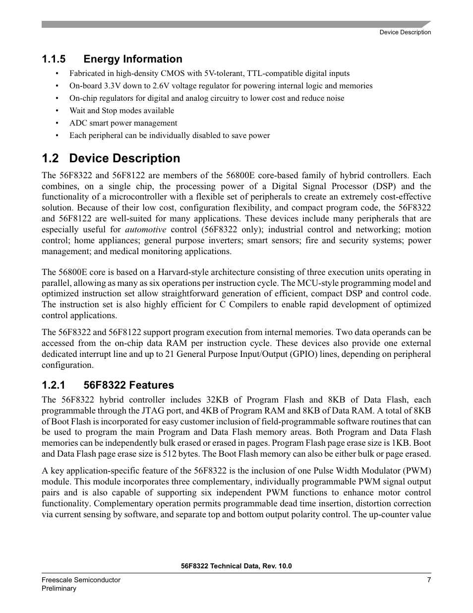 5 energy information, 2 device description, 1 56f8322 features | Freescale Semiconductor 56F8122 User Manual | Page 7 / 137