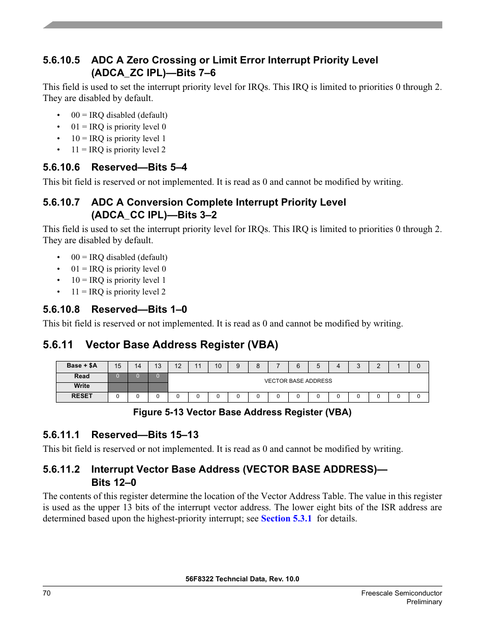 6 reserved—bits 5–4, 8 reserved—bits 1–0, 11 vector base address register (vba) | 1 reserved—bits 15–13, Figure 5-13 vector base address register (vba) | Freescale Semiconductor 56F8122 User Manual | Page 70 / 137