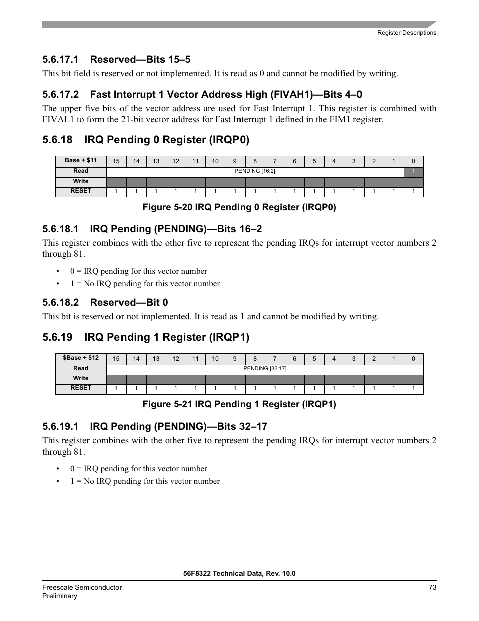 1 reserved—bits 15–5, 18 irq pending 0 register (irqp0), 1 irq pending (pending)—bits 16–2 | 2 reserved—bit 0, 19 irq pending 1 register (irqp1), 1 irq pending (pending)—bits 32–17 | Freescale Semiconductor 56F8122 User Manual | Page 73 / 137