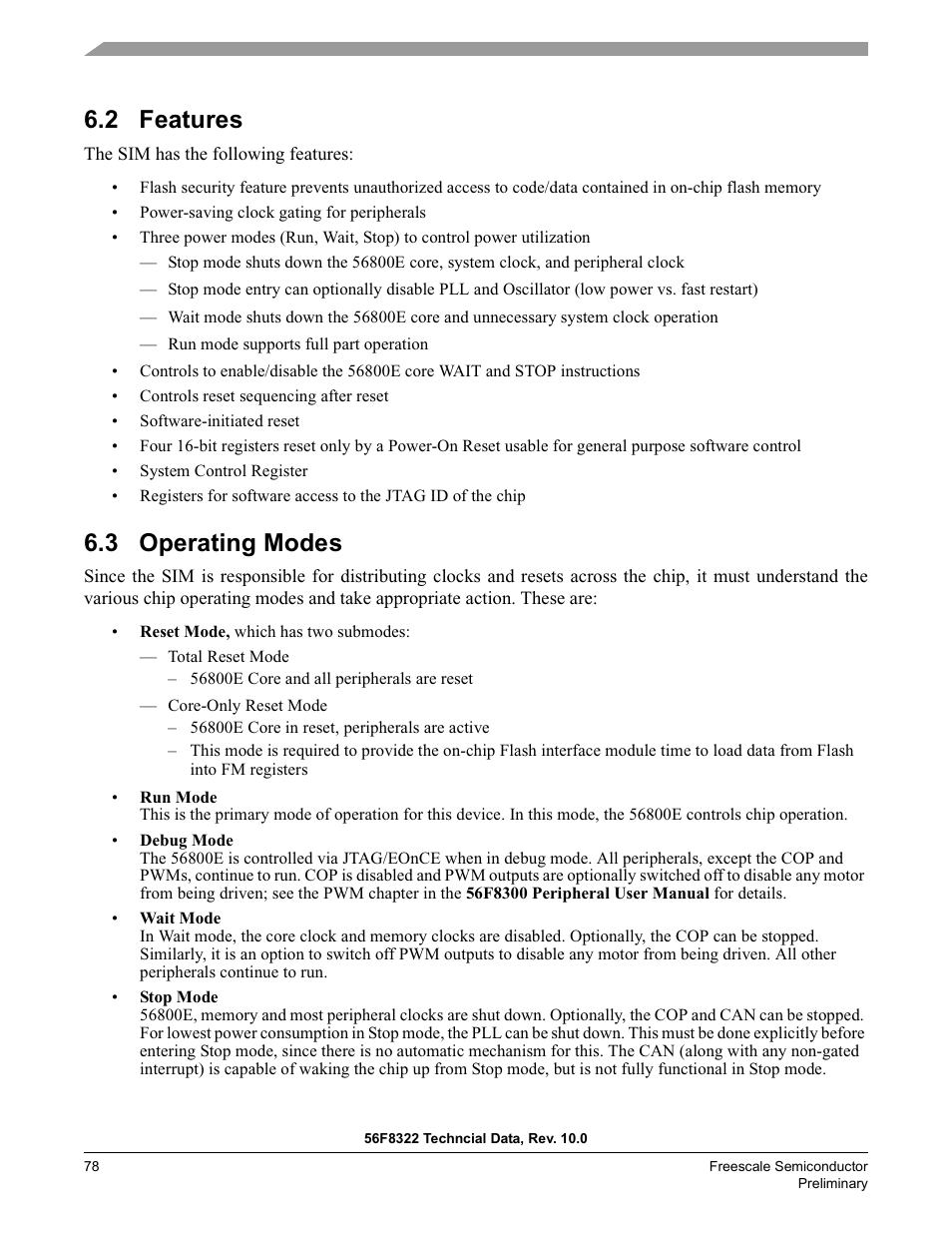 2 features, 3 operating modes | Freescale Semiconductor 56F8122 User Manual | Page 78 / 137