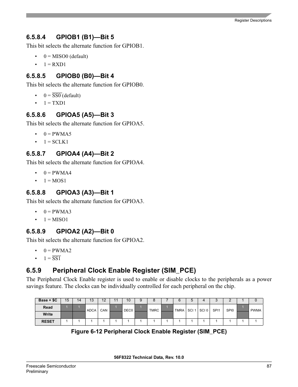4 gpiob1 (b1)—bit 5, 5 gpiob0 (b0)—bit 4, 6 gpioa5 (a5)—bit 3 | 7 gpioa4 (a4)—bit 2, 8 gpioa3 (a3)—bit 1, 9 gpioa2 (a2)—bit 0, 9 peripheral clock enable register (sim_pce), This bit selects the alternate function for gpiob1, This bit selects the alternate function for gpiob0, This bit selects the alternate function for gpioa5 | Freescale Semiconductor 56F8122 User Manual | Page 87 / 137
