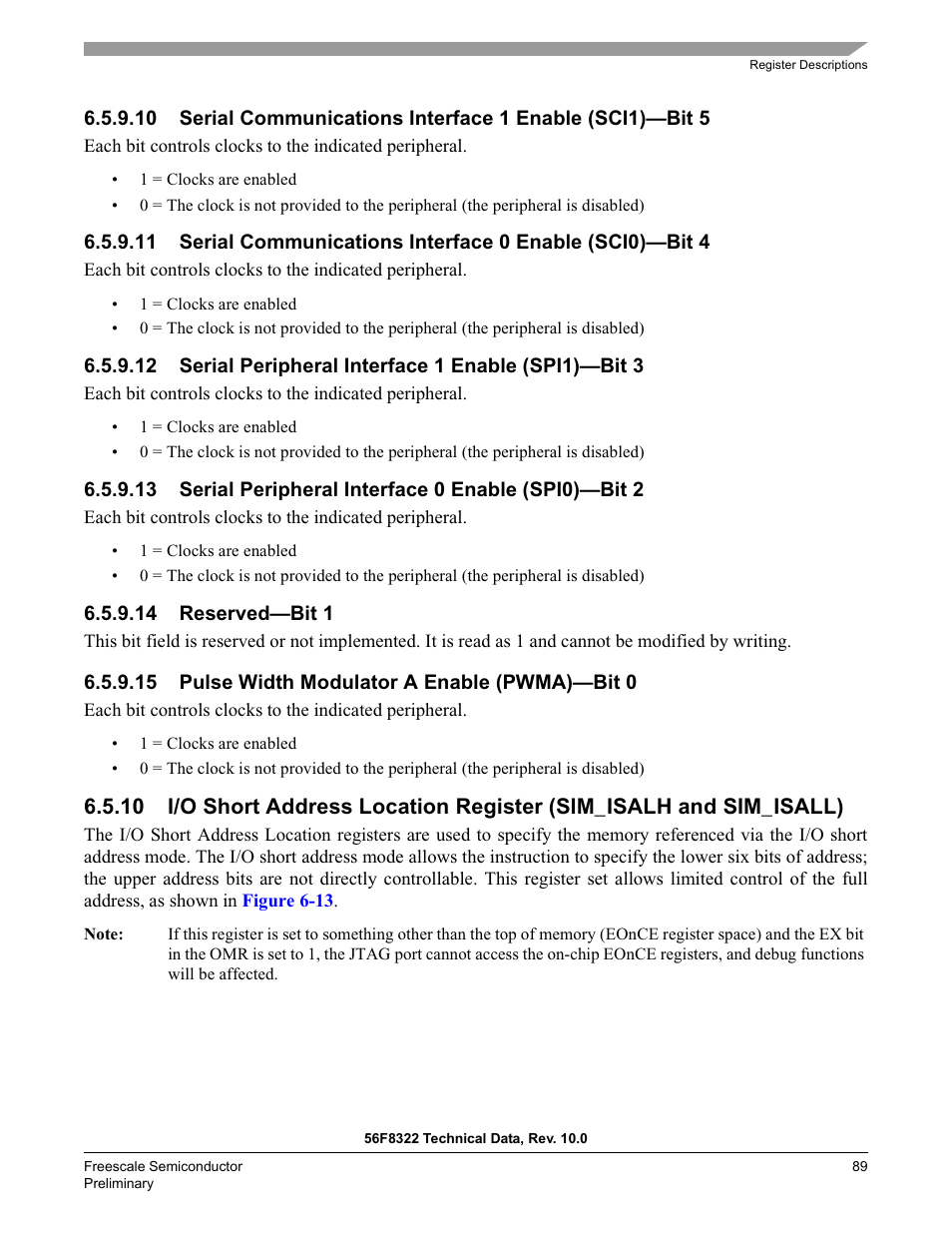 14 reserved—bit 1, 15 pulse width modulator a enable (pwma)—bit 0 | Freescale Semiconductor 56F8122 User Manual | Page 89 / 137