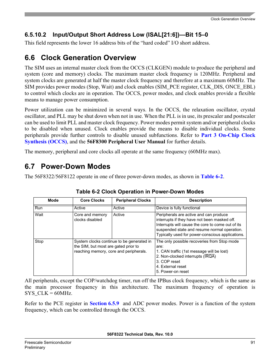 6 clock generation overview, 7 power-down modes | Freescale Semiconductor 56F8122 User Manual | Page 91 / 137