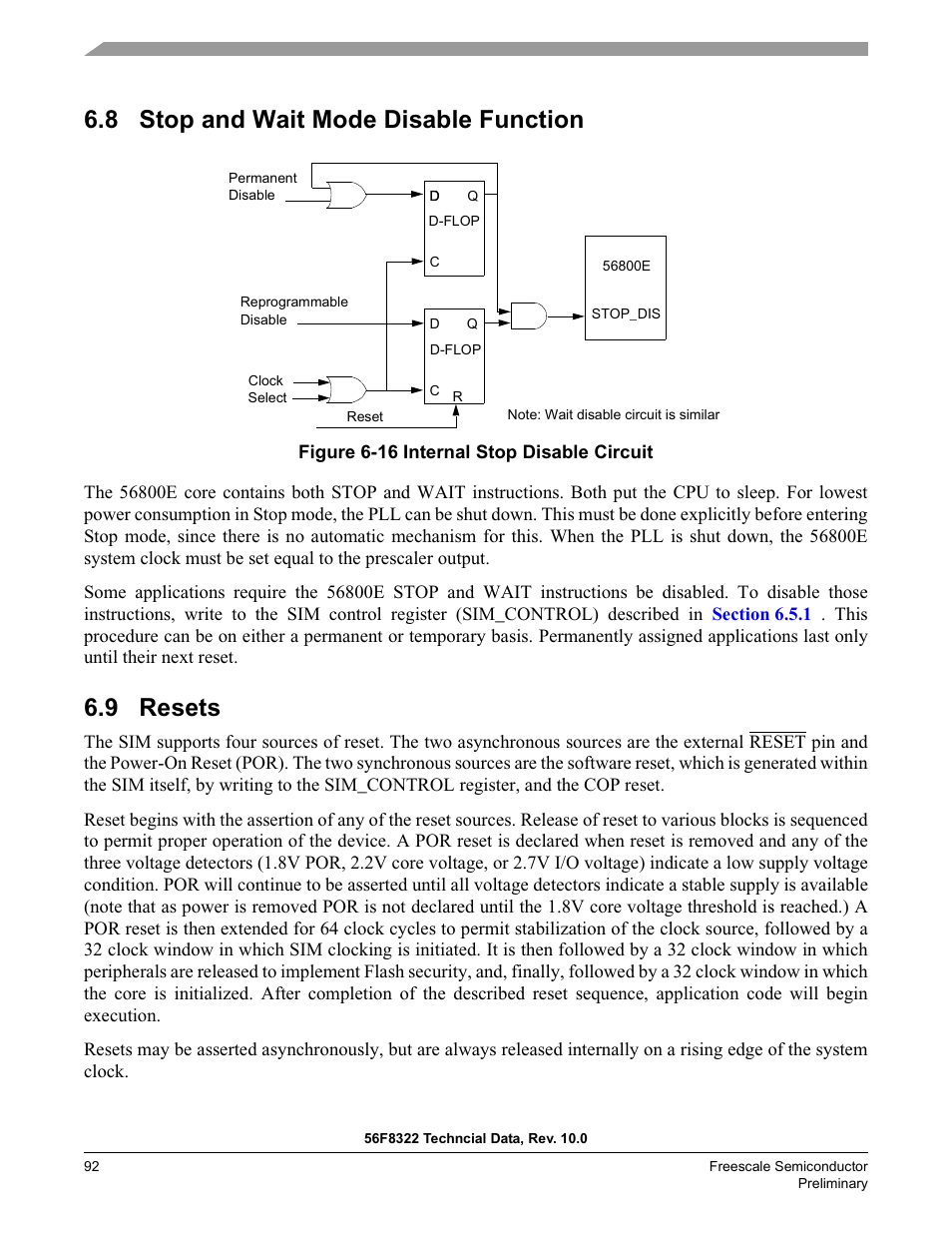 8 stop and wait mode disable function, 9 resets, Section 6.9 | Freescale Semiconductor 56F8122 User Manual | Page 92 / 137