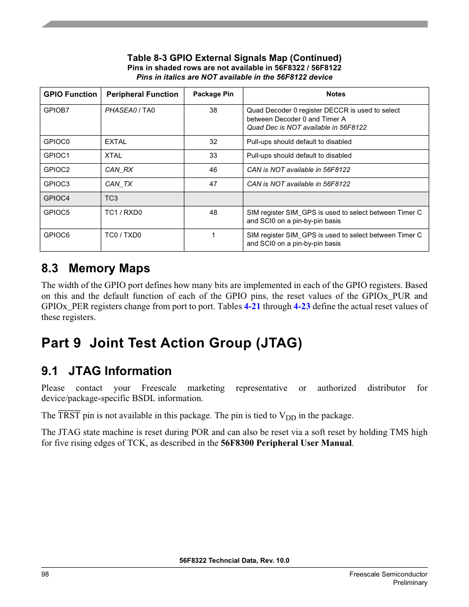 3 memory maps, Part 9 joint test action group (jtag), 1 jtag information | Freescale Semiconductor 56F8122 User Manual | Page 98 / 137