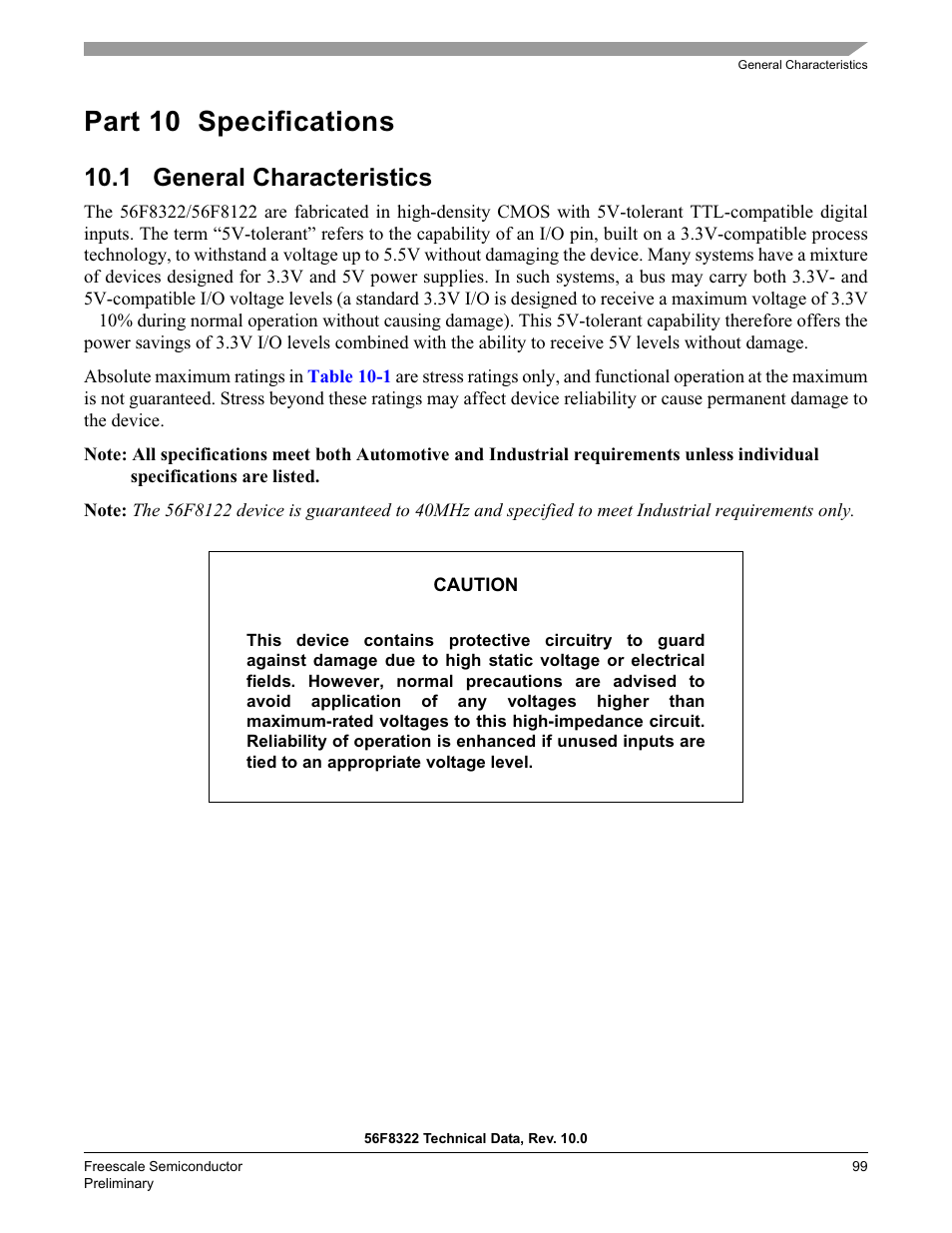 Part 10 specifications, 1 general characteristics | Freescale Semiconductor 56F8122 User Manual | Page 99 / 137