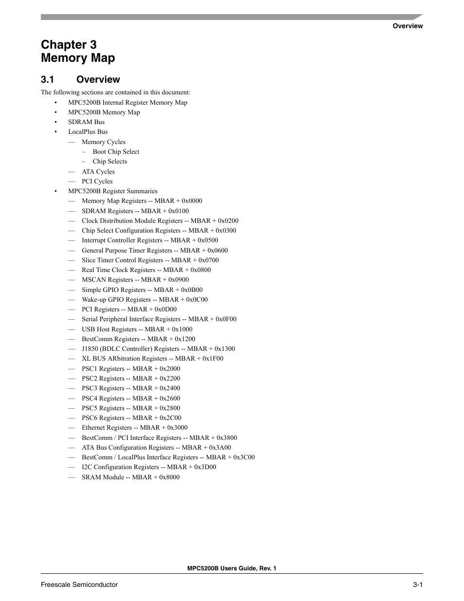 Chapter 3 memory map, 1 overview | Freescale Semiconductor MPC5200B User Manual | Page 120 / 762