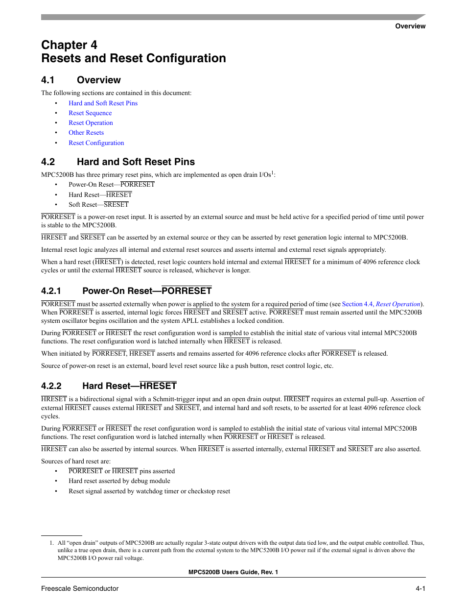 Chapter 4 resets and reset configuration, 1 overview, 2 hard and soft reset pins | 1 power-on reset-porreset, 2 hard reset-hreset | Freescale Semiconductor MPC5200B User Manual | Page 128 / 762