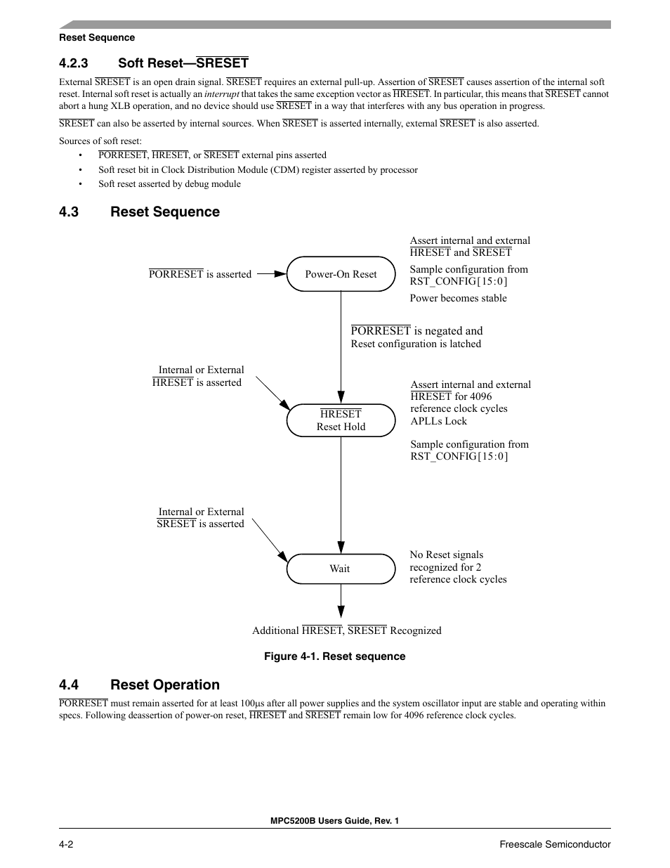 3 soft reset-sreset, 3 reset sequence, 4 reset operation | Reset sequence, Reset operation, Section 4.4, reset operation | Freescale Semiconductor MPC5200B User Manual | Page 129 / 762