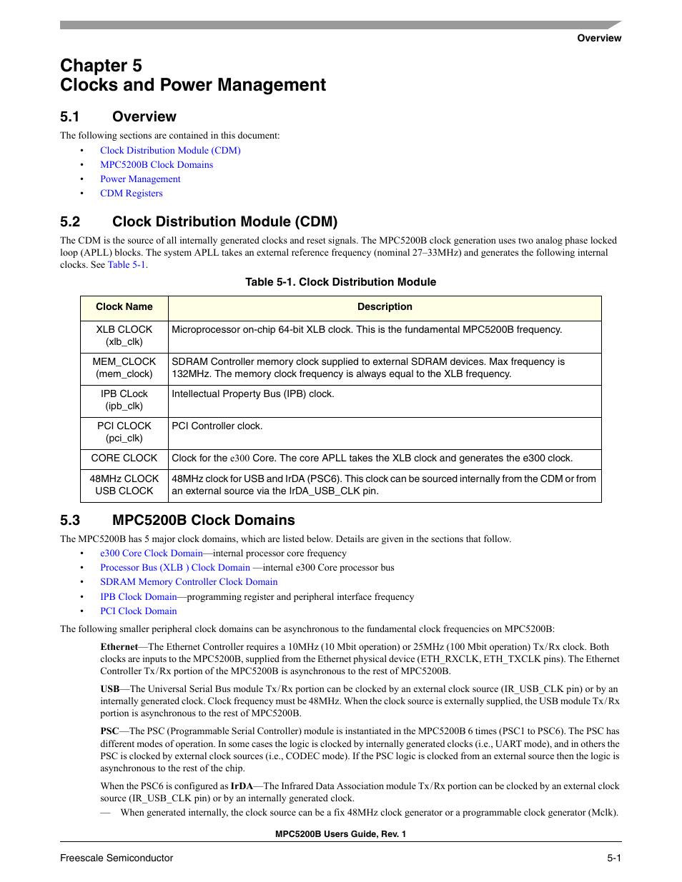 Chapter 5 clocks and power management, 1 overview, 2 clock distribution module (cdm) | 3 mpc5200b clock domains | Freescale Semiconductor MPC5200B User Manual | Page 134 / 762