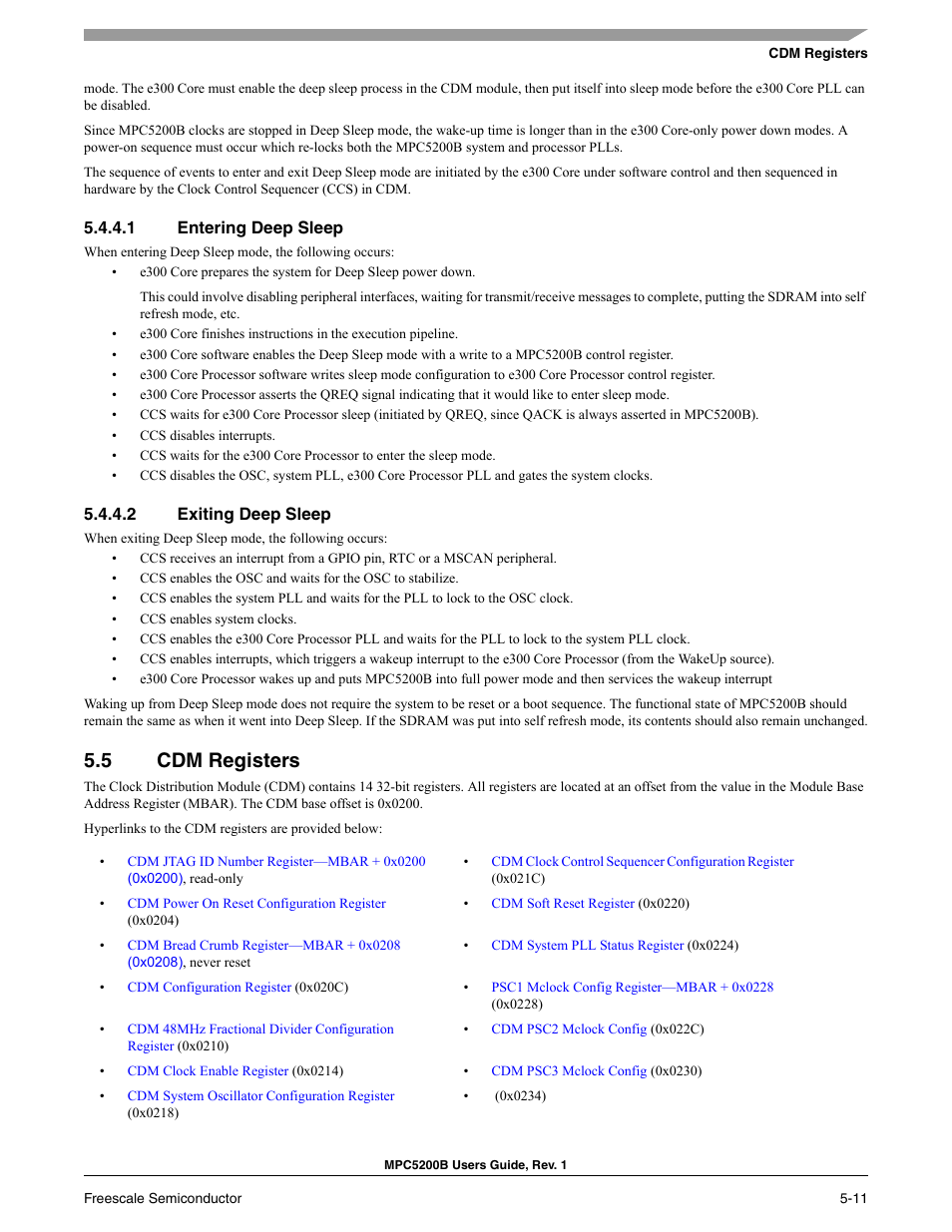 1 entering deep sleep, 2 exiting deep sleep, 5 cdm registers | Section 5.5, Cdm registers | Freescale Semiconductor MPC5200B User Manual | Page 144 / 762