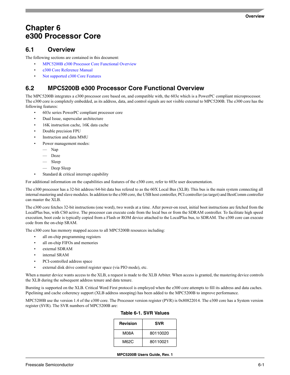 Chapter 6 e300 processor core, 1 overview, 2 mpc5200b e300 processor core functional overview | Freescale Semiconductor MPC5200B User Manual | Page 158 / 762