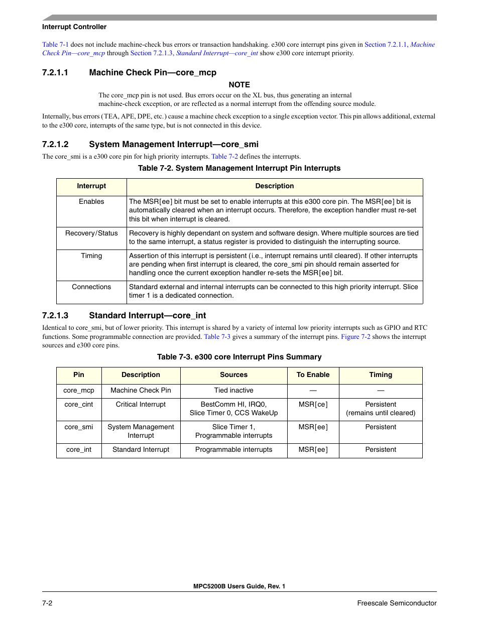1 machine check pin-core_mcp, 2 system management interrupt-core_smi, 3 standard interrupt-core_int | Freescale Semiconductor MPC5200B User Manual | Page 161 / 762