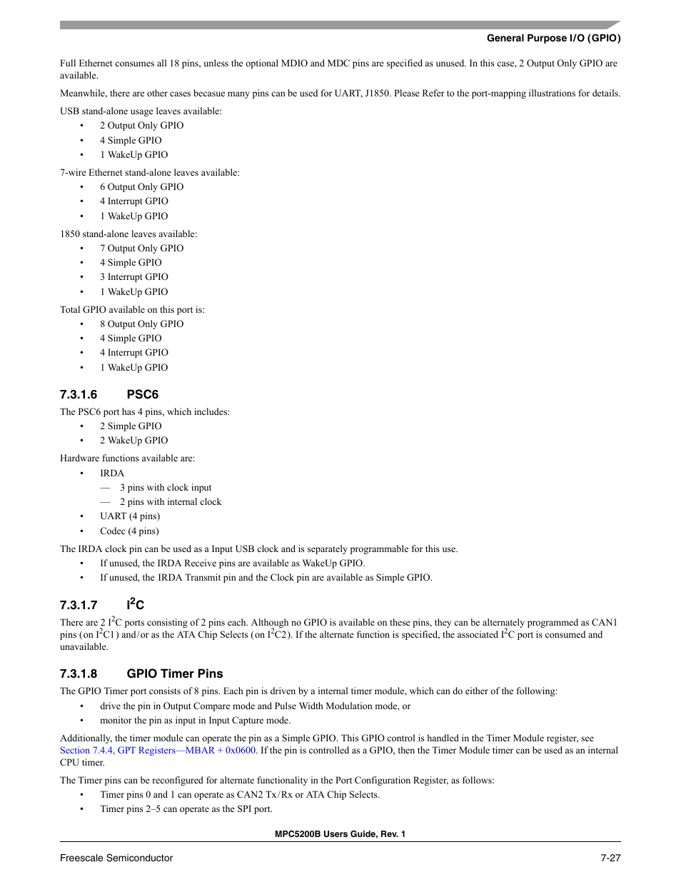 6 psc6, 7 i2c, 8 gpio timer pins | Freescale Semiconductor MPC5200B User Manual | Page 186 / 762