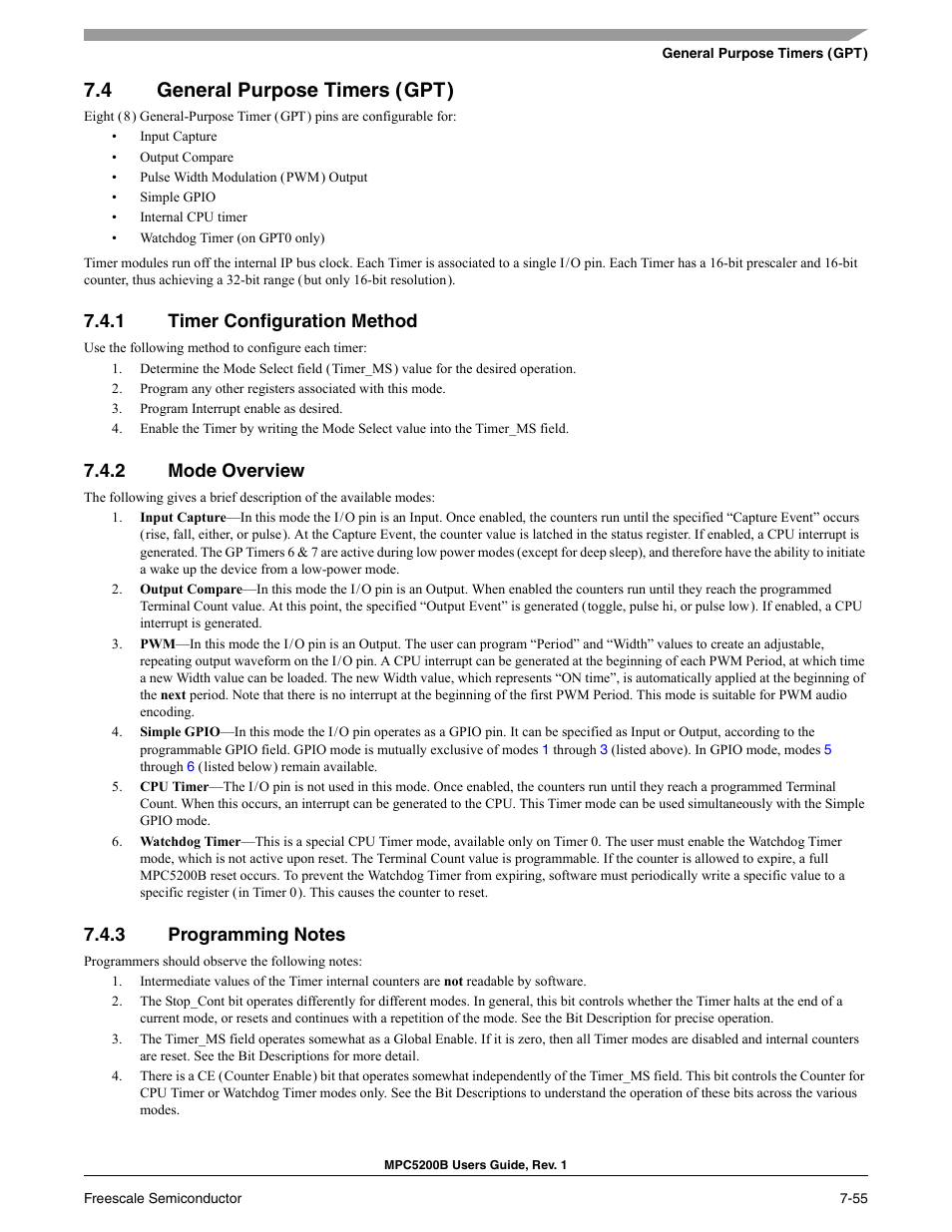 4 general purpose timers ( gpt ), 1 timer configuration method, 2 mode overview | 3 programming notes, General purpose timers (gpt), Includes, Section 7.4, general purpose timers (gpt), 4 general purpose timers (gpt) | Freescale Semiconductor MPC5200B User Manual | Page 214 / 762