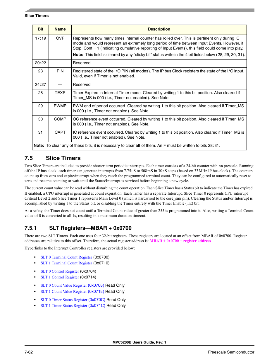5 slice timers, 1 slt registers-mbar + 0x0700, Section 7.5.1 | Slice timers, Slt registers—mbar + 0x0700 | Freescale Semiconductor MPC5200B User Manual | Page 221 / 762