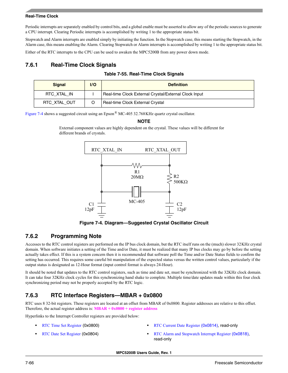 1 real-time clock signals, 2 programming note, 3 rtc interface registers-mbar + 0x0800 | Section 7.6.3, Rtc interface registers—mbar + 0x0800 | Freescale Semiconductor MPC5200B User Manual | Page 225 / 762