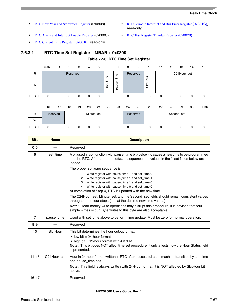 1 rtc time set register-mbar + 0x0800, Rtc time set register, 0x08 | Freescale Semiconductor MPC5200B User Manual | Page 226 / 762